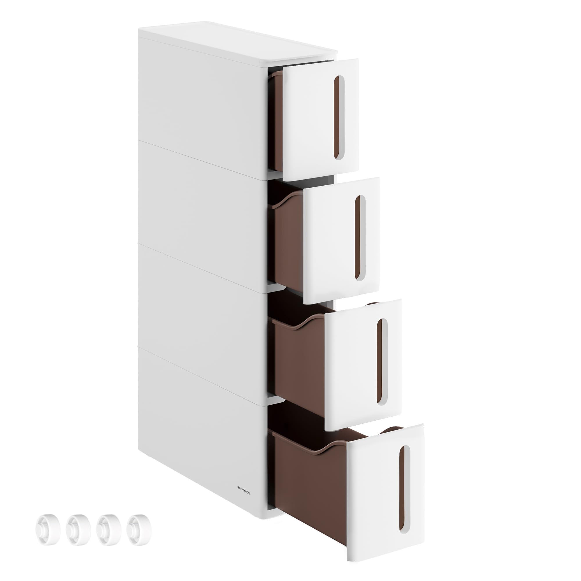 SONGMICS Étagère de Rangement à Roulettes pour Petits Espaces, Chariot Roulant avec 4 Tiroirs, Largeur 17,3 cm, Fin, Salle de Bain, Cuisine, Plastique PP, 45,2 x 17,3 x 84 cm, Blanc et Marron KFR08WT