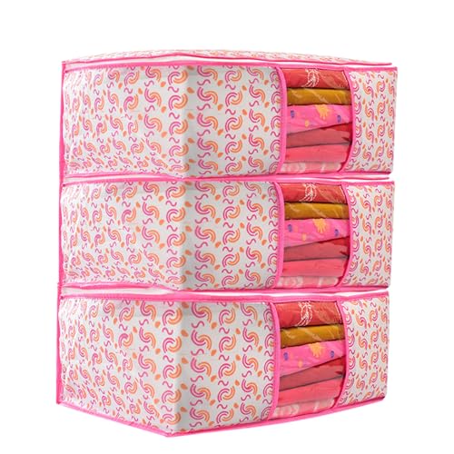 Image of Non-Woven Saree Covers with Zipper & Transparent Window | Clothes Storage Bags for Wardrobe Organization | Dustproof Garment Storage for Sarees, Dresses, and Clothes (Pink, Pack of 3)