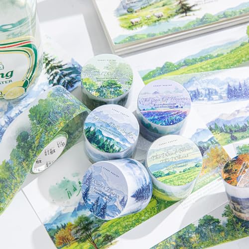 Alideco 6個 マスキングテープ かわいいロレトロ木と山のある風景透明な耐水性 インク PET 粘着 テープ 広幅 DIY おしゃれ マステ シール (mianmianshanchuan)