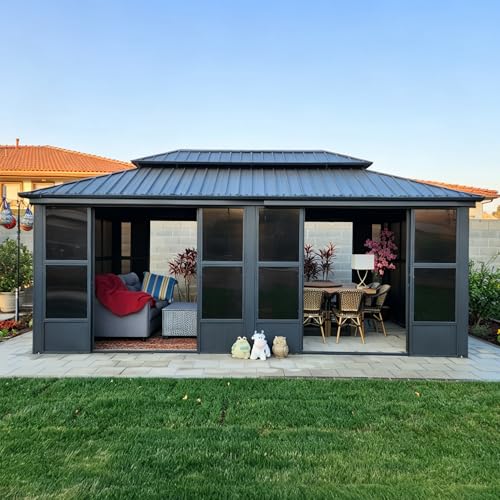 PURPLE LEAF 12 X 20 Solarium Permanent Hardtop Gazebo Galvanized Steel Double Roof Aluminum Outdoor Enclosed Gazebo for Lawn Deck Backyard Grey