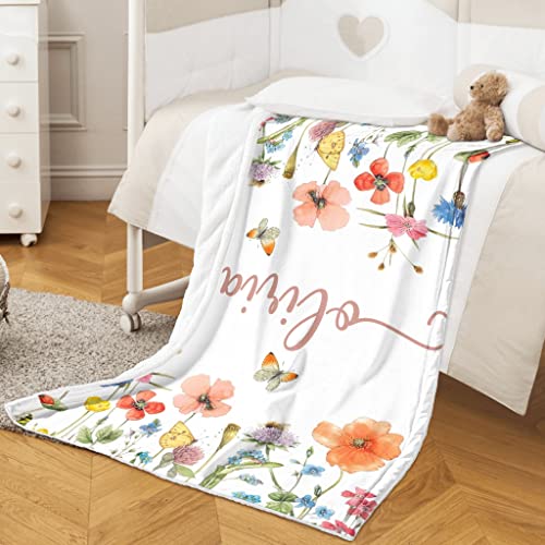 Image of Personalized Swaddle Baby Blankets with Name Plants Flowers, Customized Floral Nursery Blanket for Girls, Newborn Shower Gifts for Baby Girl, Easter Birthday Gifts for Kids Girls