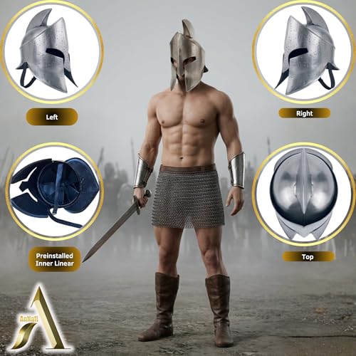 Image of AnNafi Medieval Armour King Leonidas Greek Spartan Helmet | 300 Roman Helmet| Silver Ancient Cosplay Costumes