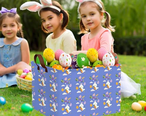 Image of Large Rectangular Easter Baskets Empty Waterproof Boy Toy Box Foldable Kid's Gifts Storage Bin Spring Room Decor(Blue Rabbit Holding Carrot Egg)