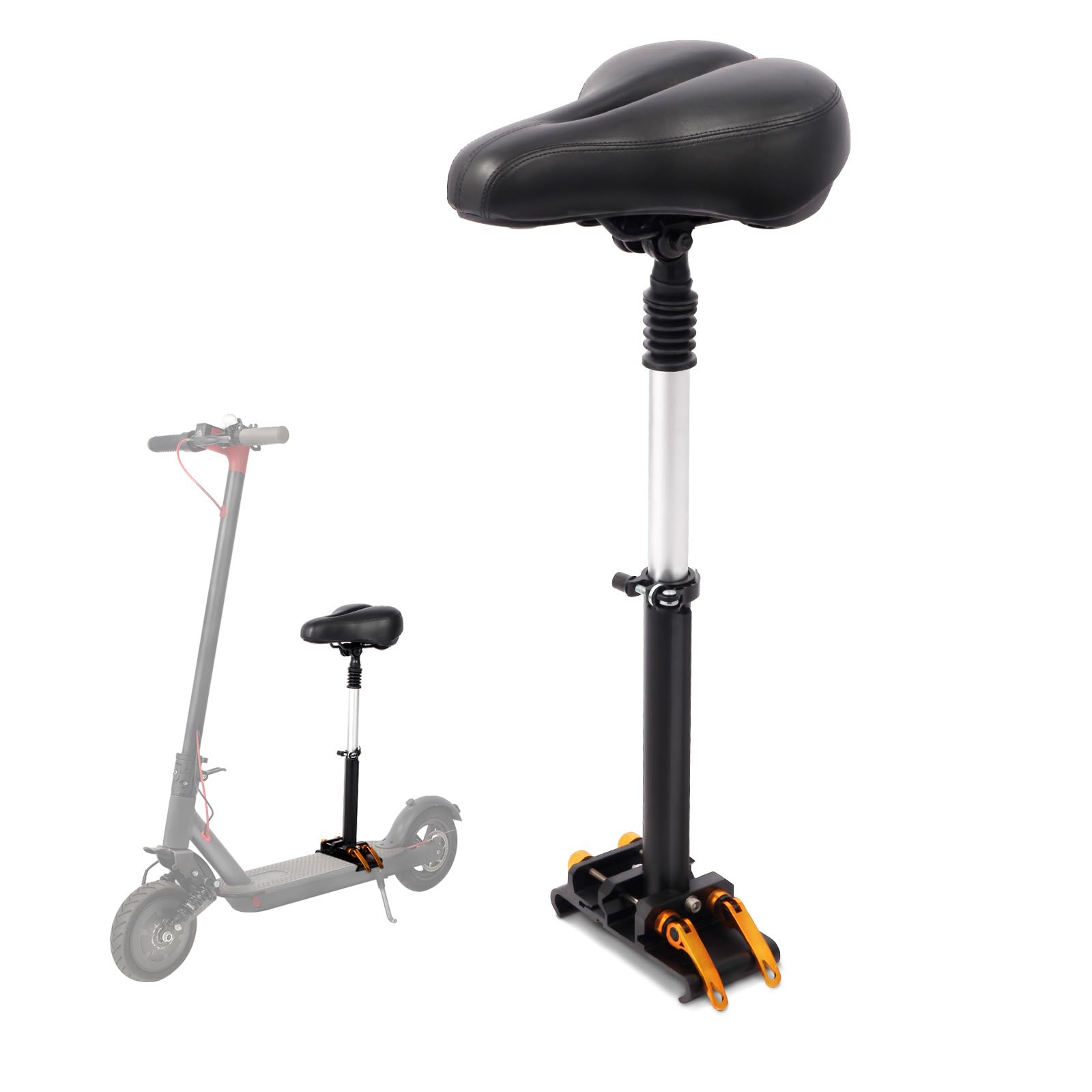 Image of the assembled scooter seat with height adjustment shown on an electric scooter.
