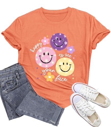 Womens Teacher Shirts Smile Faces T-Shirt for Teacher Happy to See Your Face Tee Tops - Main Image