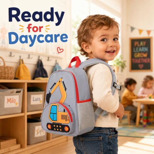 Image of LOIDOU Kids Preschool Backpack for Boys, 15 Inch Excavator Truck School Bag, Lightweight Water-Resistant Kindergarten Backpack with Chest Strap for Ages 3-6