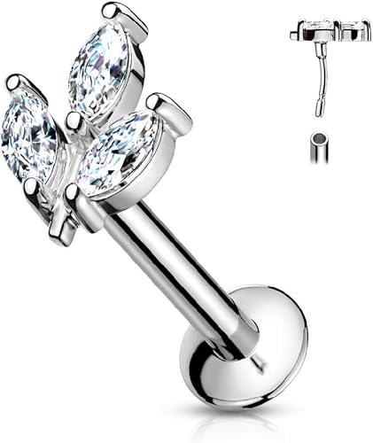 Miniatura 2 de Pierced Owl - 16GA Triple Crystal Marquise Acero Inoxidable Sin Rosca Push In Flat Back Labret Monroe Lip Stud