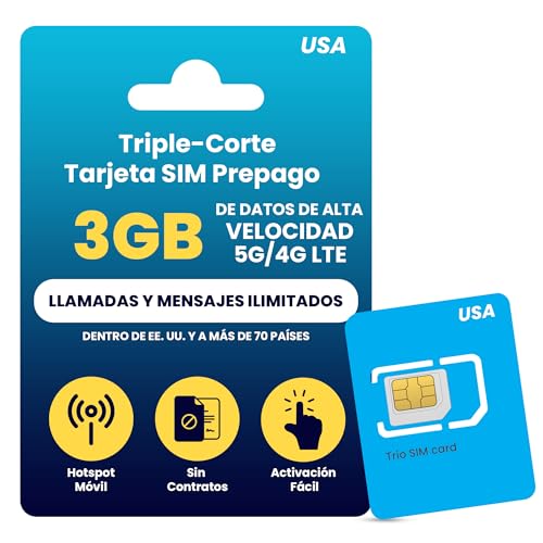 Tarjeta SIM Prepago Física H2O Wireless 30 Días Desde EE. UU. con 3GB de Datos 4G LTE/5G y 2GB de Hotspot, Datos Ilimitados, Llamadas y SMS a 70+ Países, SIM para Teléfonos Móviles en EE. UU