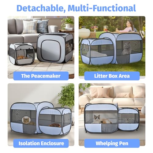 Image of 2-in-1 Portable Cat Playpen, Detachable into 2 Separate Cages with Additional 2 Doors, Pop up Pet Play Pen Cat Tent House, Foldable Puppy Enclosure Kitten Crates Indoors Outdoor(Grey)