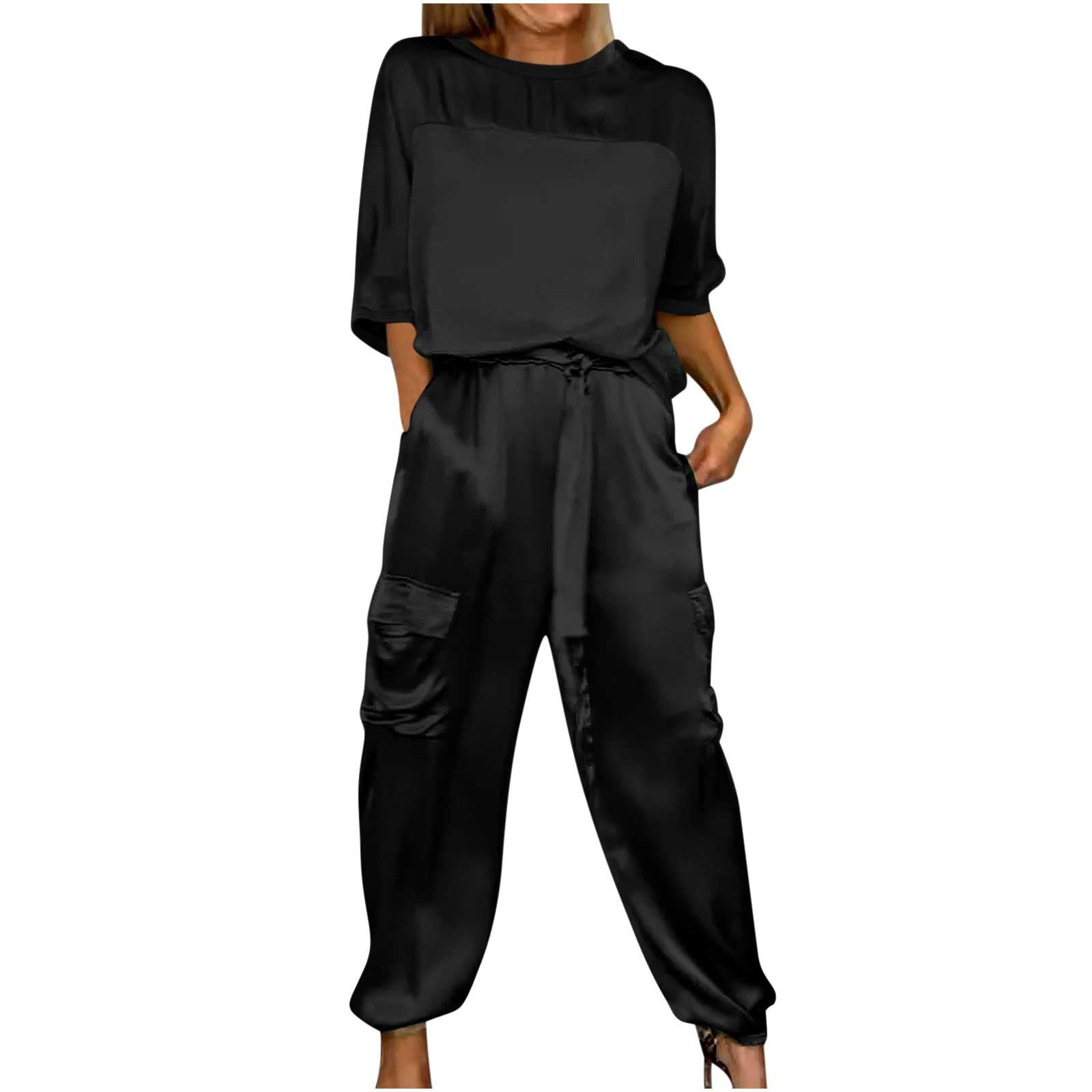 bawilom Womens Satin 2 Piece Outfits Silk Lounge Sets Casual Loose Color Block 3/4 Sleeve Tops and Wide Leg Satin Pants Sets