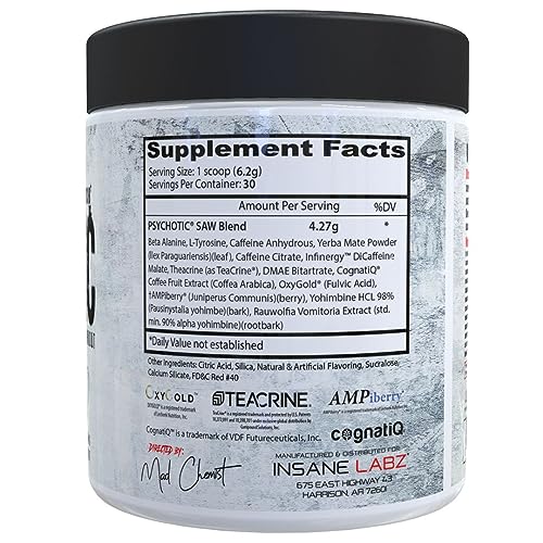 Image of Insane Labz Psychotic Saw, High Stim Pre Workout Powder with OxyGold­ and AMPiberry,Extreme Lasting Energy with Teacrine,Focus with CognitIQ and Endurance (30 Servings, Watermelon)