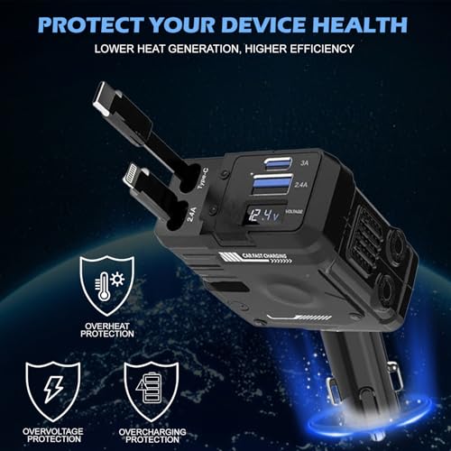 Image of PunnkFunnk TurboCharge 120W Car Charger | 4-in-1 USB /Type-C /USB L | QC & PD Support | Smart Fast Charging Adapter for Mobile, Laptop, Watch - 180 Rotation(Black)