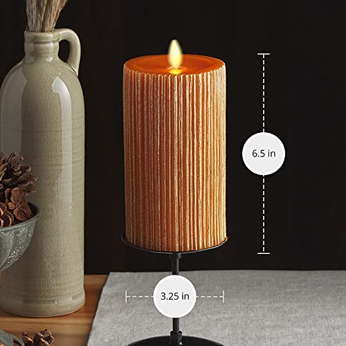 Image of Luminara Flameless LED Candle (3.25x6.5) with Embossed Metallic Furrow, Moving Flame LED Pillar, Real Wax with Recessed Edge, Battery Operated - Orange