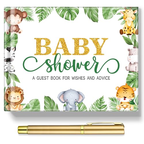 Image of Fuyoooo 27 Pcs Safari Animal Baby Shower Guest Book Set Baby Shower Sign in Guest Floral Book Place Table Cards with Gold Pen Adhesive Photo Corner for Birthday Party