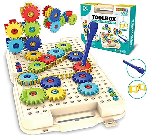 YALAOBAN Gears Gears Gears Toys,Gear Set Building Block 216 Pcs,STEM Educational Toys,Kids Tool Box Science kit,Building Toys for Kids Ages 3+