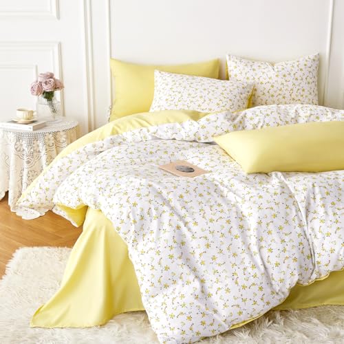Image of Wake In Cloud - Floral Comforter Set, Coquette Cottagecore Aesthetic Cute Flower Pattern for Women Teen Girls, Soft Lightweight Dorm Bedding, 3 Pieces, Yellow White, Full Size