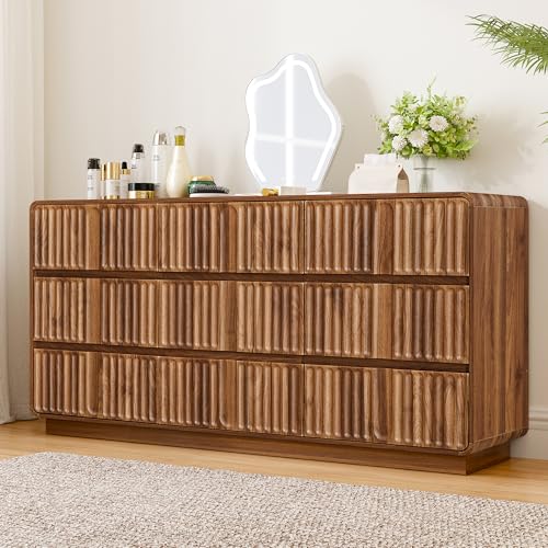 Fluted 9 Drawer Dresser for Bedroom, 60" Wide Modern Chest of Storage Drawers, Wood Dresser & Chest of Drawers with Curved Corners, Dressers TV Stand for Living Room (60" Walnut 9 Drawer)