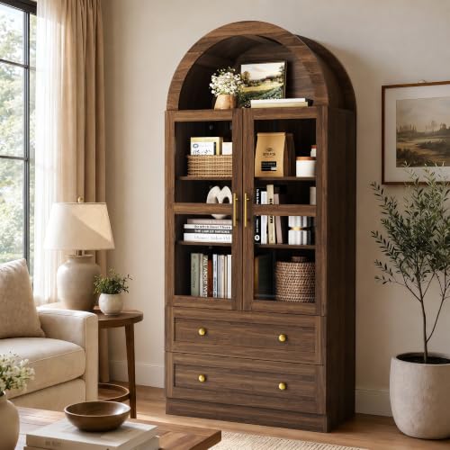 Image of Pamapic Arched Kitchen Pantry Cabinet, 71 inch Tall Arched Cabinet with Glass Doors, Farmhouse Kitchen Storage Cabinet with 2 Large Drawers, Wooden Pantry for Dining Room, Living Room (Brown)