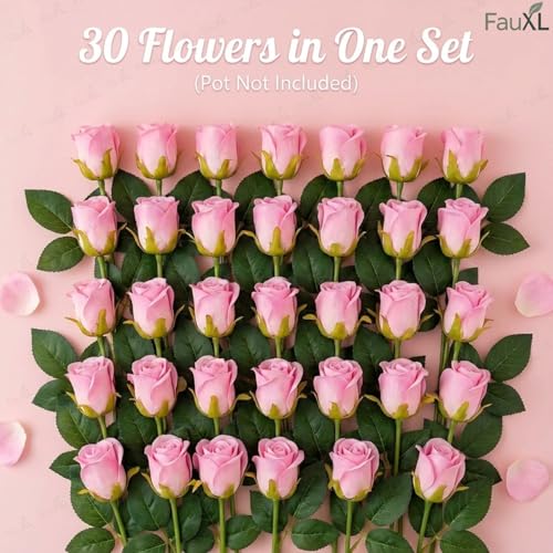 Image of Set of 24 Artificial Rose Flowers Bunches for Vase - Home Decoration Gift Items for Living Room Corner Table Top Bedroom Wedding (Pot Not Included) - 24 CM (Pink)