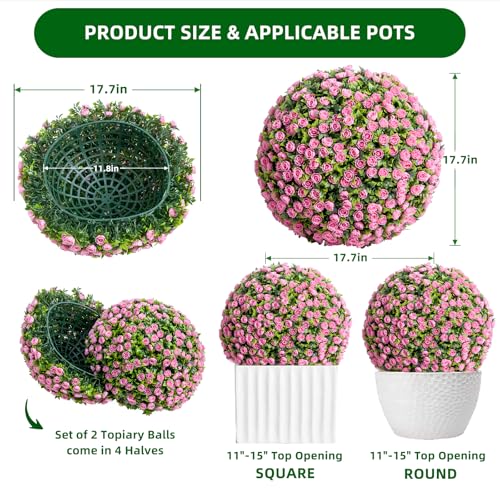 17.7" Artificial Topiary Flower Balls, Set of 2 Decorative Topiary Balls Hanging Grass Ball for Home Decor Indoor and Outdoor,Pink