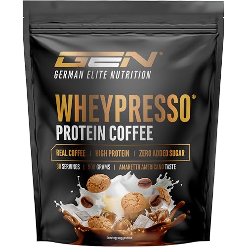 Wheypresso Protein Coffee - Proteína en polvo con concentrado y aislado de suero de leche - Con auténtico café y cafeína - Bebida cremosa rica en proteínas - (908 g, Amaretto Americano)
