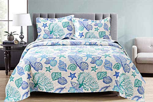 Junsey 3 Piece Quilts King Size Ocean Theme,Lightweight Coastal Beach Bedding Seashell Conch Starfish Bedspread Coverlet With 2 Pillowshams #TOP6