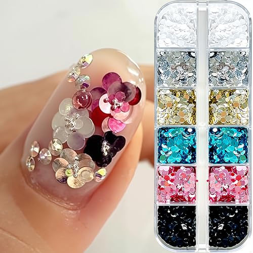1 Box 12 Grids 3D Polka Dot Nail Sequins Spliced Flower Charms for Nails Design, 1~3mm Tiny Dot Nail Glitter Flakes Mini Round Dots Paillettes Glitter for Nails Charms Manicure Sequins for Crafts