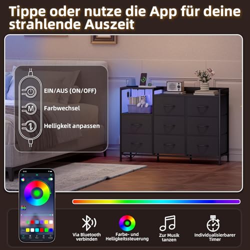Somdot Kommode Wohnzimmer, Steckdose & LED, 8 Stoffschubladen, Schwarz – Ansicht 5