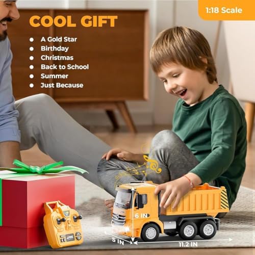 Image of RAMNATH Remote Control Dump Truck Toy for Kids - 2.4GHz 6-Wheel RC Construction Vehicle with Automatic Dumping Action, Realistic Sound & Lights - Heavy Duty Engineering Truck Gift for Kids 3+.(G)