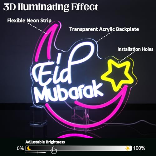 Image of Eid Mubarak Neon Sign Islamic LED Lights for Wall Mosque Eid Al Adha Decor | Eid Al Fitr Supply, Ramadan Mubarak Decoration, Dimmable Moon Star Neon Light, Muslim LED Sign, Acrylic Wall Art, USB Powered