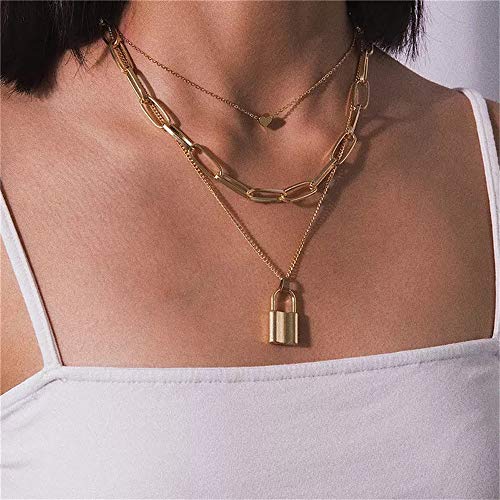image for Turandoss Layered Lock Necklace for Women, Layered Heart Lock Necklace