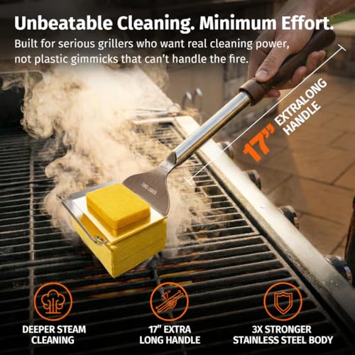 Image of East Oak Bristle-Free Grill Brush with Heat-Resistant Cleaning Pad, 17 inch Long Handle Stainless Steel BBQ Grill Cleaner, Steam Cleaning Scrubber for Round, V-Shaped and Angled Grill Grates