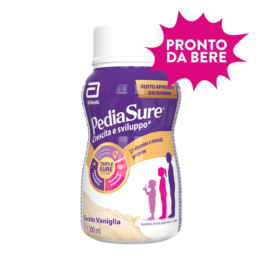Pediasure Crescita e Sviluppo Drink, Integratore Bambini con Vitamine, Minerali, Proteine, per Difese Immunitarie, Concentrazione e Memoria, Formato Liquido 200 ml x 4 Pronto da Bere | Gusto Vaniglia
