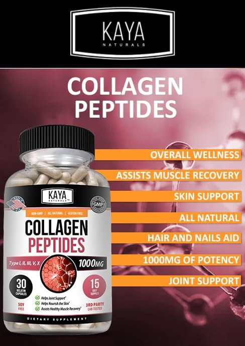 Kaya Naturals Multi Collagen Complex - Collagen for Joints, Hair, Skin, Nails, and Anti-Aging, Types I, II, III, V & X Collagen Protein Blend | Collagen Peptides Capsules - Collagen Pills - 30 Count