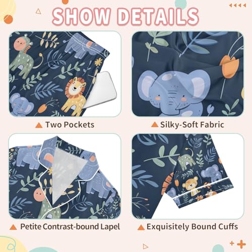 senya Animals on A Dark Blue Satin Summer Pajama Sets Silk Short Sleeve Button Down Sleepwear3