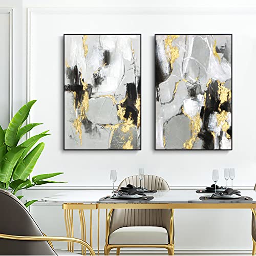 Image of Grey Abstract Wall Art Decor- 2 Pack 24 inch x 36 inch Grey and Gold Canvas Wall Decor with Hand Texture for Living Room, Bedroom, Office, Framed, Ready to Hang