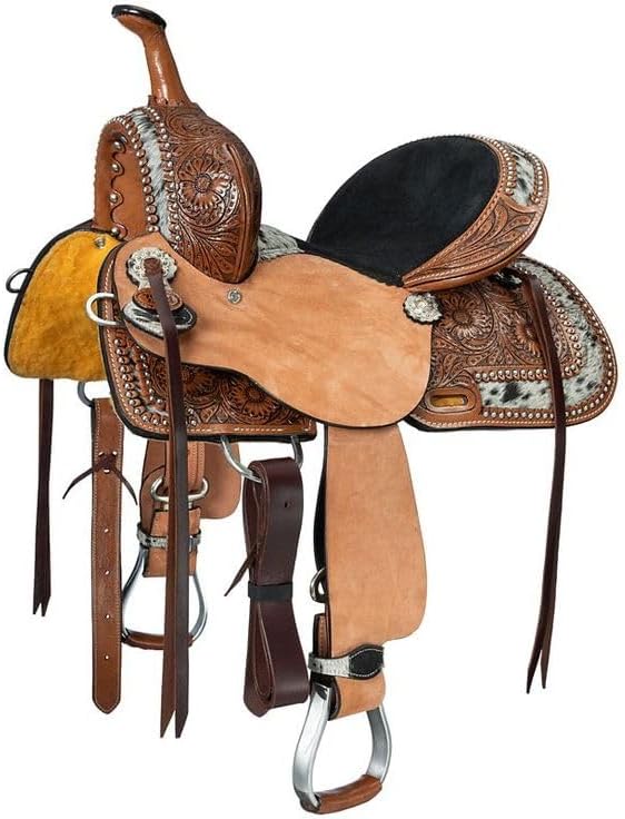 Western Barrel Racing Horse Saddle Racer Leather Handmade Premium Comfort Riding Trail Equestrian Tooled Carved Best Horse Riding Saddle for Horse Size: 10-18 inches Seat Available, BRD164