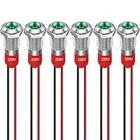 GUUZI 6pcs 8mm Voyant LED 220-230V Signal Lumineux étanche Panneau Métallique Voyant LED Montage sur Panneau Tête Plate Avec Fils Coque Argentée (Vert)