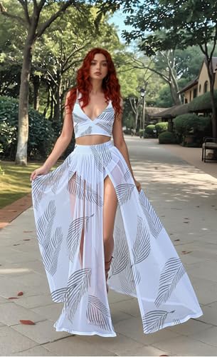 Image of Women Sexy 2 Piece Outfits Dress Chiffon Strap Deep V Neck Bra Crop Top High Split Maxi Dresses Skirt Set