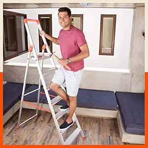 Bathla Prime 7-Step Foldable Aluminium Ladder for Home with Multi-Utility Support Handle (Orange)