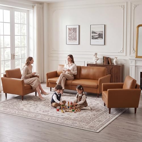 Image of Kingfun 3 Piece Living Room Furniture Sets, 3 Seater Couch and 2 Armchair, Faux Leather Couch Set, Mid Century Modern Sofa Set with Solid Wood Frame for Living Room, Office, Mid Brown