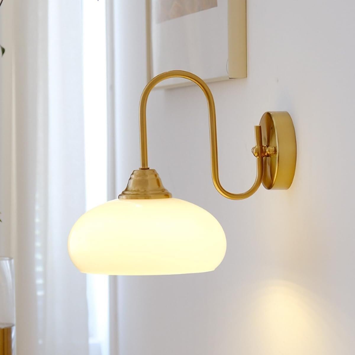 HPTHLY Mid Century Wall Sconce, Gold Milk Glass Wall Lamp, Nordic Farmhouse Gooseneck Wall Light, Large Bedside Wall Mounted Lighting Fixture For Bedroom, Living Room