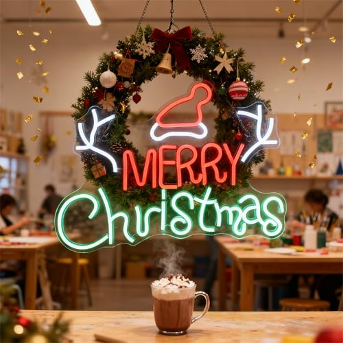 Image of Merry Christmas Neon Sign | Holiday Wall Decor，Santa Hat Design, Reindeer Antlers Design,16.5 inch x 12.6 inchIN