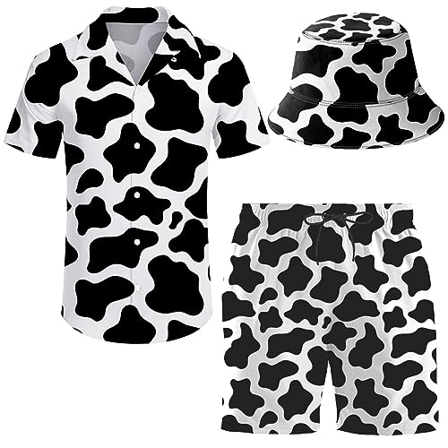 Mens 2 Piece CowHawaiian Shirt Shorts Button Down Rave Shirt and Shorts Sets with Bucket Hats 3X-Large