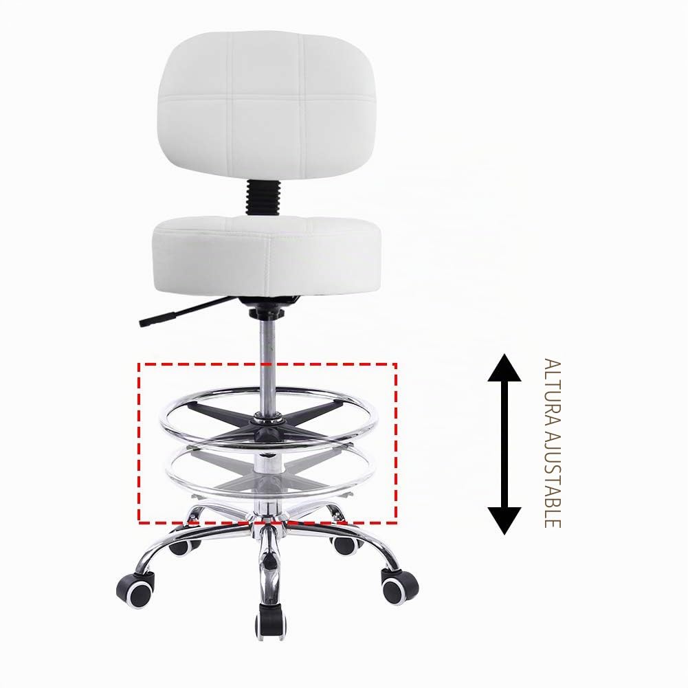 KKTONER Taburete de Laboratorio de Cuero PU Giratorio Redondo Silla de Trabajo con Respaldo Ajustable en Altura (Blanco)