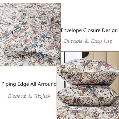 Image of FADFAY Sheets Set King Botanical Bird Floral Bed Sheets Set Vintage Mocha Mousse Farmhouse Bedding Shabby Branches Bedding 100% Egyptian Cotton Breathable Soft 17.7 inch Deep Pocket 4Pcs, King Size