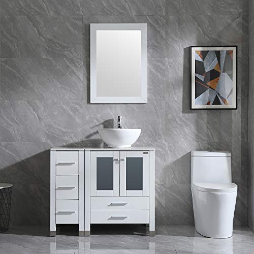 Wonline 36” White Bathroom Vanity And Sink Combo Wood Cabinet Top Round Bowl Ceramic Vessel Sink Faucet Drain Combo With Mirror Vanities Set #TOP20