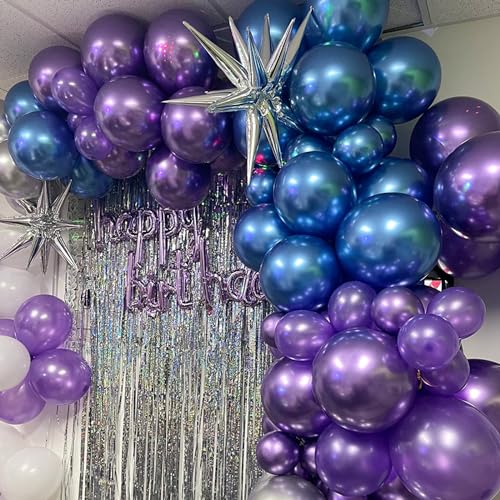 Image of Metallic Purple and Blue Balloons, 60 Packs 12 Inch Chrome Blue Purple Silver Balloon with Ribbons for Space Birthday Party Decorations