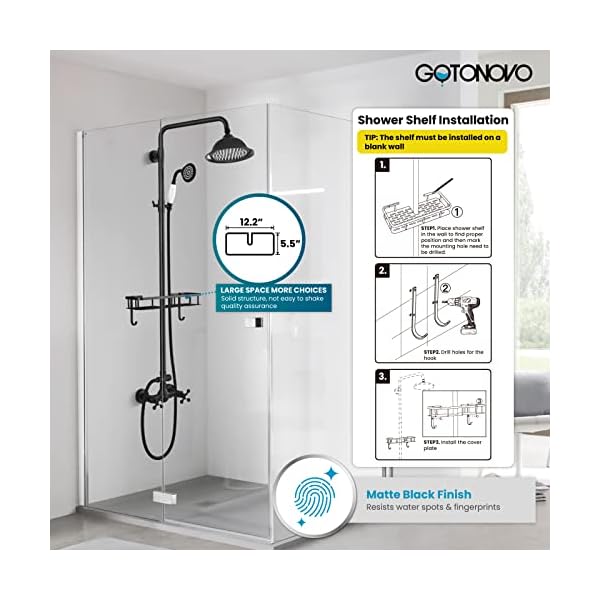 Gotonovo matte black 8 inch rainfall shower head dual functions wall mounted exposed shower faucet with shower shelf double cross handles with adjustable ceramics handheld sprayer shower shower system  urban country home decor