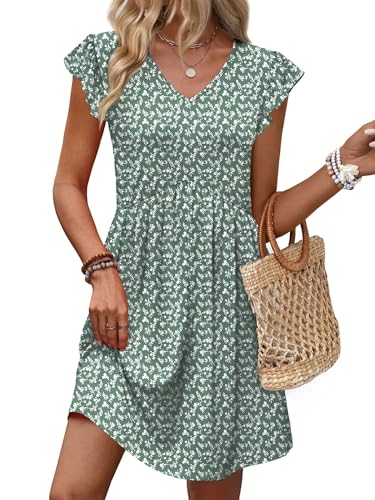 Image of OFEEFAN Summer Dresses for Women Beach Vacation Clothes V Neck Ruffle Sleeve Babydoll Dress Elegant Classy Sundress